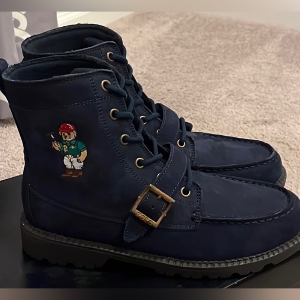 Ralph Lauren Polo Mallet Bear Ranger High II Navy Blue Sued Kid Boots Shoes 2